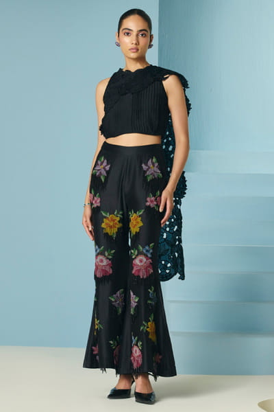Black floral cutwork and pleated top