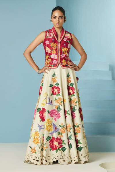 Red floral appliqué embroidered waistcoat