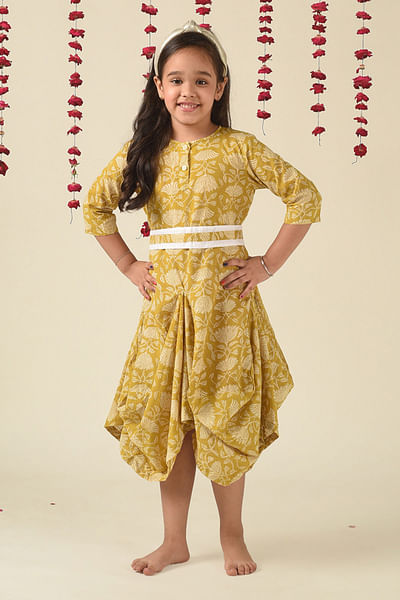 Beige floral printed cotton dress
