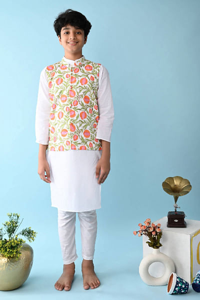 Orange floral Nehru vest and kurta set