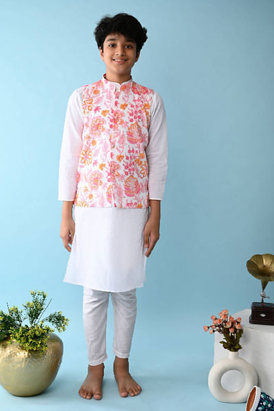 Pink floral Nehru vest and kurta set