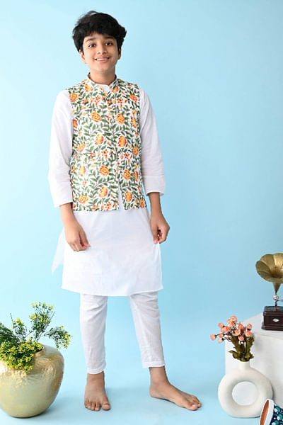 Multicolour floral Nehru vest and kurta set