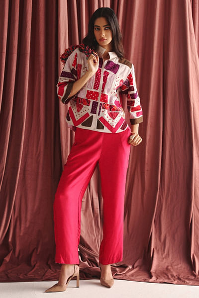 Peach and red patchwork short recycled jacket