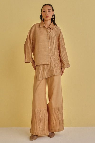 Honey gold pintuck asymmetrical shirt jacket