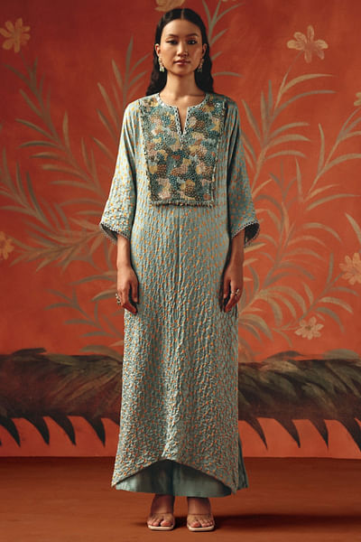 Sea foam embellished hand tied kaftan kurta