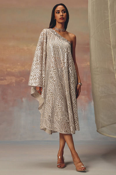 Silver embellished one-shoulder dress