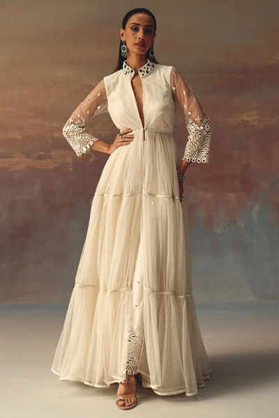 Ivory embellished anarkali jacket