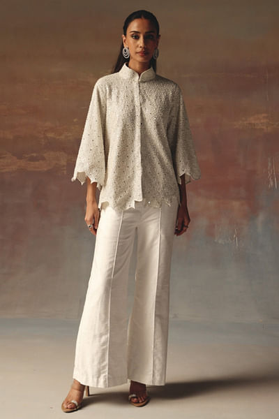 White embellished-scalloped high neck jacket