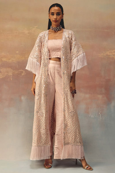 Blush pink embellished and tasselled jacket