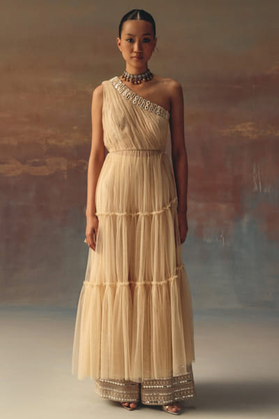 Peach embellished one-shoulder anarkali