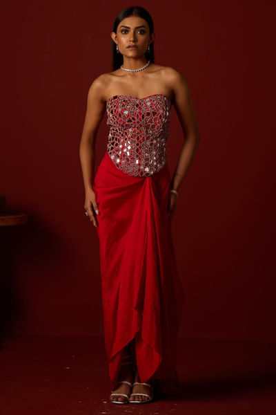 Red mirror embroidered corset