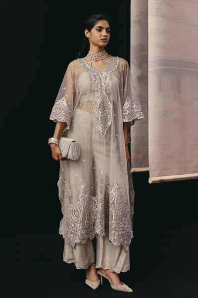 Twenty Nine Silver grey zari embroidered kaftan TWENAPR26D242905