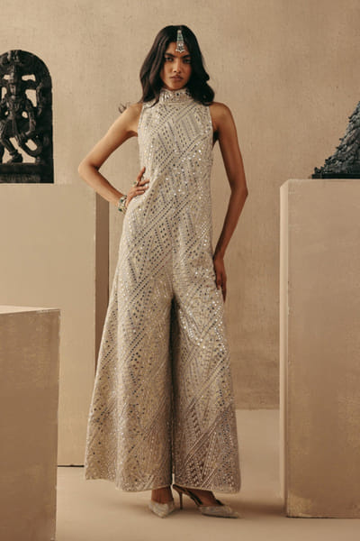 Natural mirror embellished jumpsuit