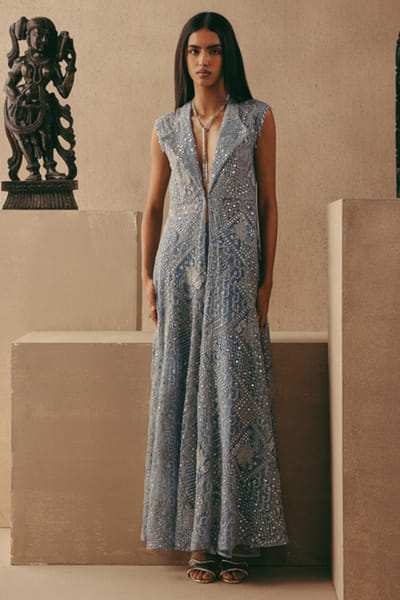 Sky blue mirror embroidered long jacket