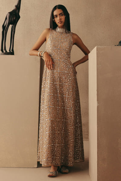 Peach mirror embroidered long dress