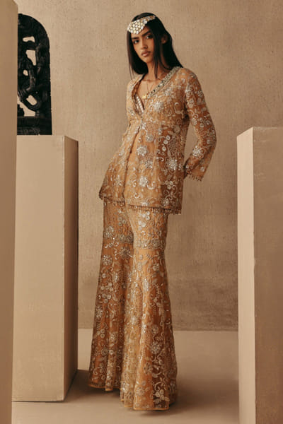 Peach mirror embellished net blazer