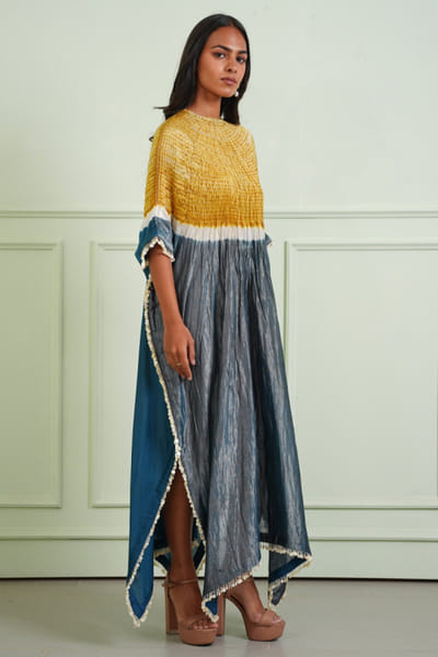 Twenty Nine Teal and yellow shibori tissue kaftan TWENJUL26D149005