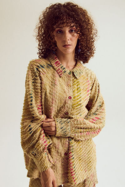 Ecru textured chanderi silk shirt