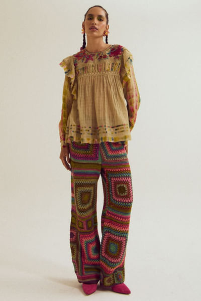 Ecru embroidered chanderi silk top