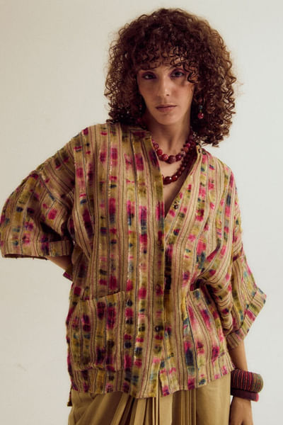 Ecru thread embroidered cotton jute shirt