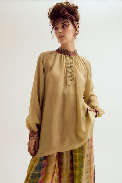 Ecru embroidered silk shirt