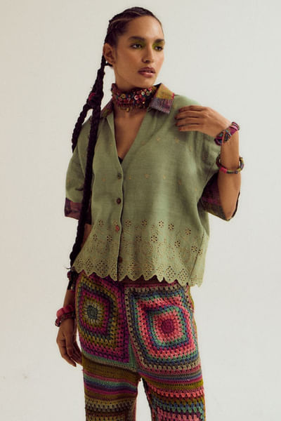 Sage cutwork cotton shirt