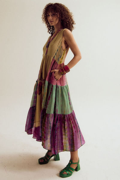 Ecru patchwork embroidered asymmetrical dress