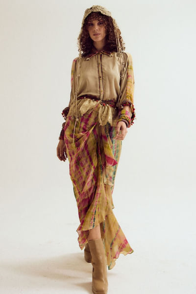 Ecru threadwork embroidered cotton silk shirt