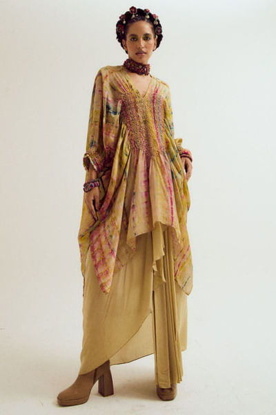 Ecru embroidered silk kaftan skirt set