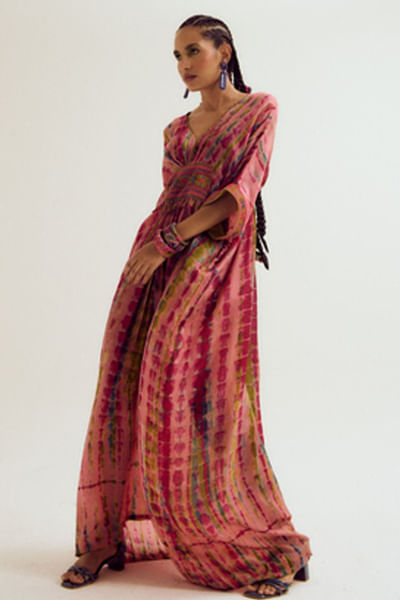 Peach embroidered tie-dye silk kaftan