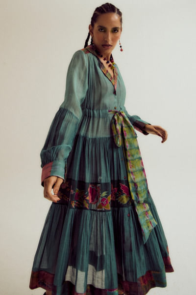 Teal and sage embroidered silk dress