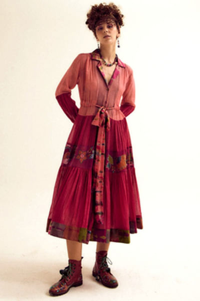 Fuchsia pink and peach embroidered silk dress
