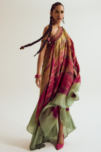 Fuchsia and sage embroidered silk dress