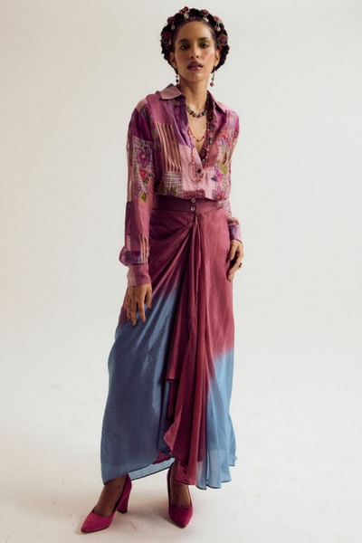 Lavender and blue ombre-shade draped skirt set