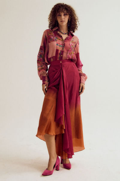 Fuchsia and orange ombre-shade drape skirt set