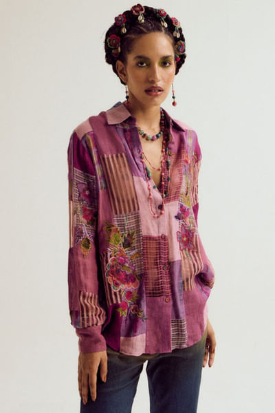 Lavender-pink patchwork embroidered shirt