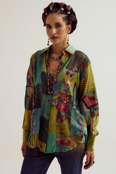 Green floral patchwork embroidered shirt