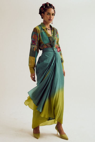 Turquoise and green ombre draped skirt