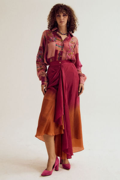 Fuchsia and orange ombre draped skirt