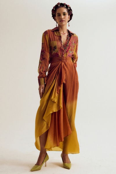 Rust and ochre ombre draped skirt