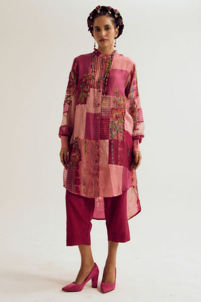 Fuchsia floral patchwork embroidery tunic set