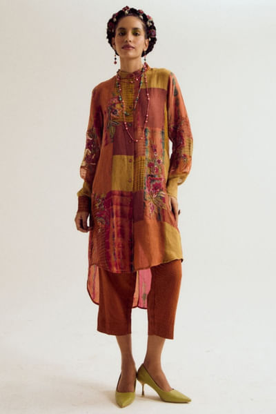Rust floral patchwork embroidery tunic set