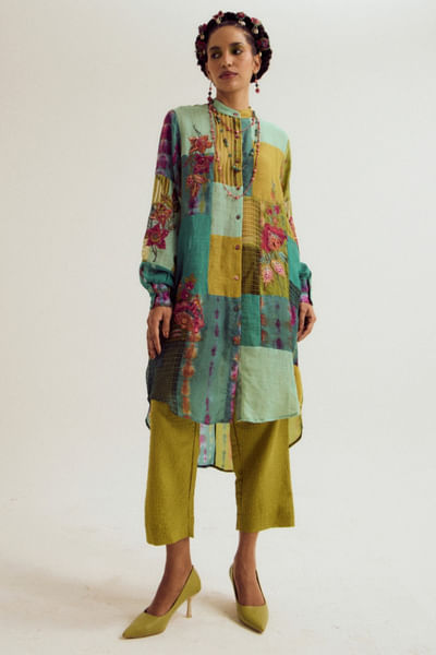 Green floral patchwork embroidery tunic set