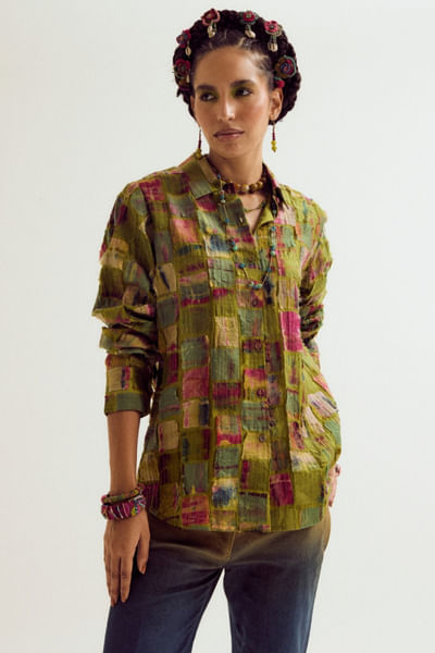 Green patchwork embroidered shirt