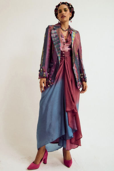 Lavender and blue tie-dye patchwork blazer