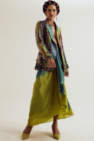 Turquoise and green tie-dye patchwork blazer