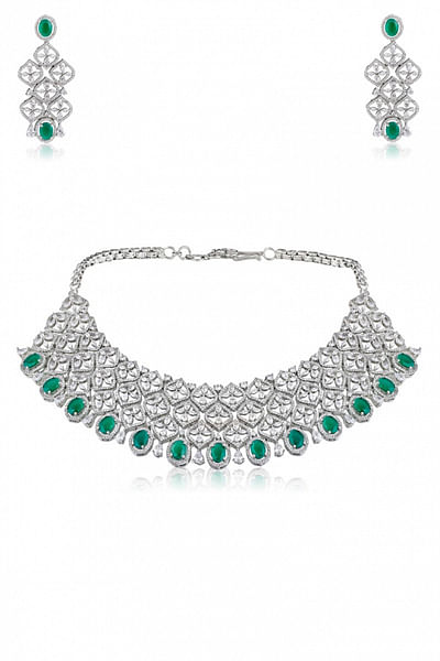 Diamante and emerald necklace set