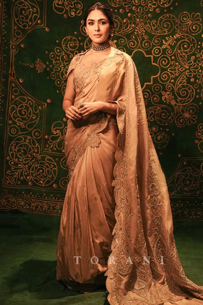 Beige and golden embroidered sari set