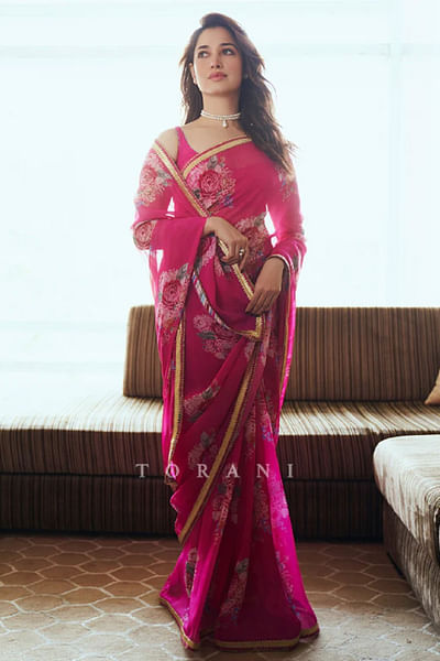 Pink floral printed sari set