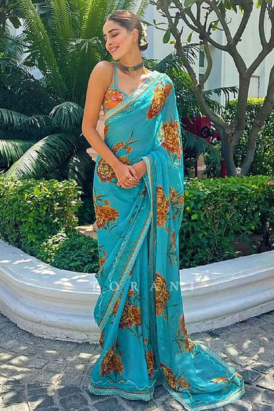Blue and orange floral printed sari set